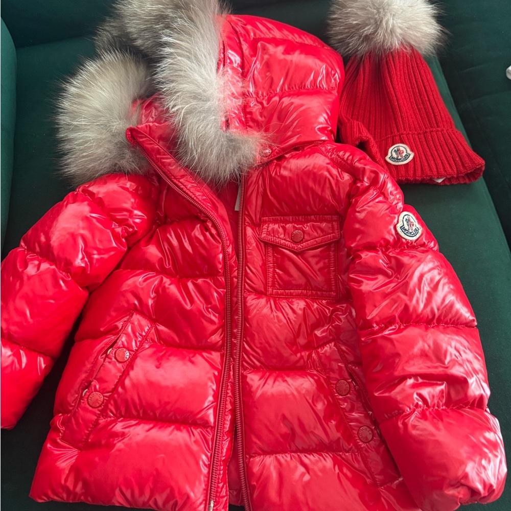 Moncler Shiny Red Quilted Down Jacket with Fur Trim and Matching Beanie